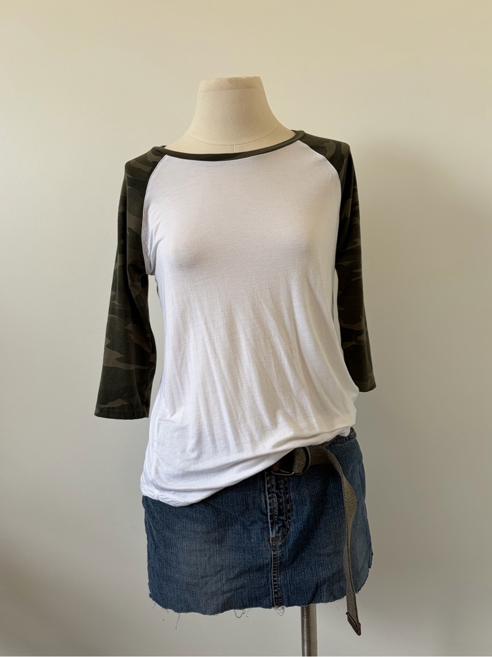 Unlisted White Tee with Olive Camo Raglan Sleeves